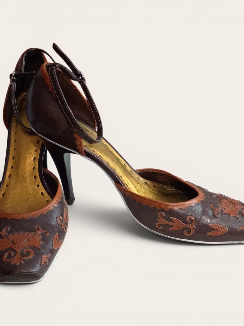 BCBG Brown Embroidered Ankle-Strap Heels